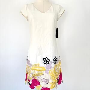 LAUNDRY BY SHELLI SEGAL MULTICOLOR FLORAL LACE TRIM DRESS